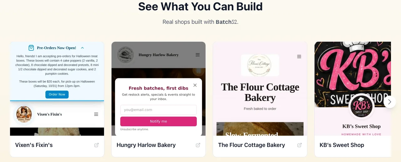Batch52’s homepage showing real website previews for Vixen’s Fixin’s, Hungry Harlow Bakery, The Flour Cottage Bakery and KB’s Sweet Shop
